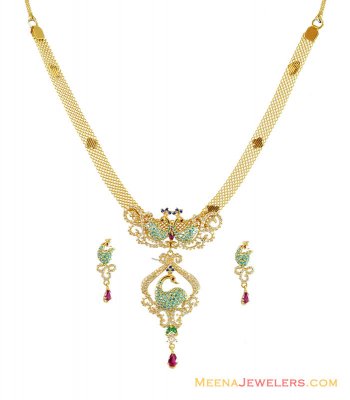 22K Peacock Necklace Earrings Set  ( Gold Designer Sets )