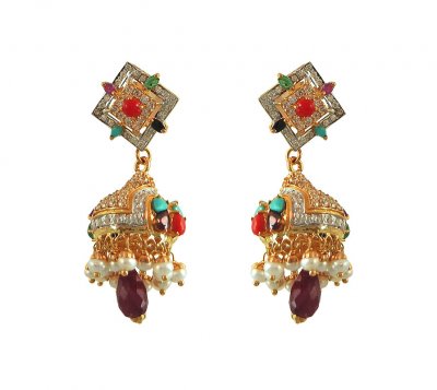 22K Detachable Navratna Jhumki ( Precious Stone Earrings )