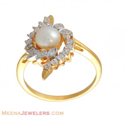 22Kt Gold Pearl, CZ Ring ( Ladies Signity Rings )