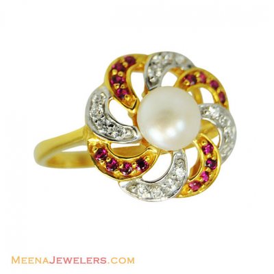 22K Fancy Stones With Pearl Ring ( Ladies Rings with Precious Stones )
