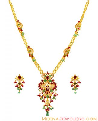 Elegant 22K Gold Ruby  Emerald Set ( Combination Necklace Set )