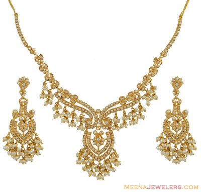 22K Gold Necklace Set with Pearls - StPs7307 - 22k Gold three pieces ...