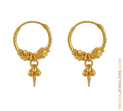 Gold Hoops with dangling - ErHp6420 - 22K Gold baby hoops (Bali) with ...