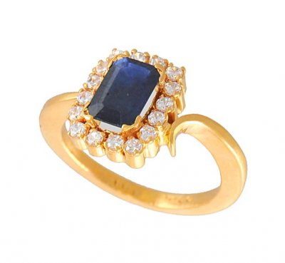 Gold Sapphire And Cz Ring ( Ladies Rings with Precious Stones )