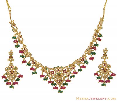 Pakistani Necklace Set with Precious Stones - StPs7308 - 22Kt Gold ...