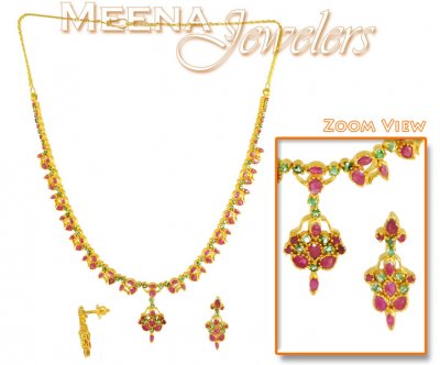 Ruby and Emerald Necklace (22Kt Gold) ( Combination Necklace Set )