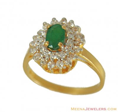 22Kt Ring with Emerald and cz ( Ladies Rings with Precious Stones )