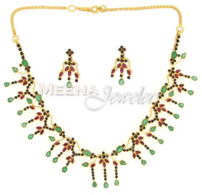 22 Kt Gold Emerald ,Ruby And Sapphire Set ( Combination Necklace Set )