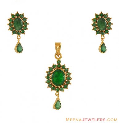 22Kt Gold Pendant Set With Emerald  ( Precious Stone Pendant Sets )
