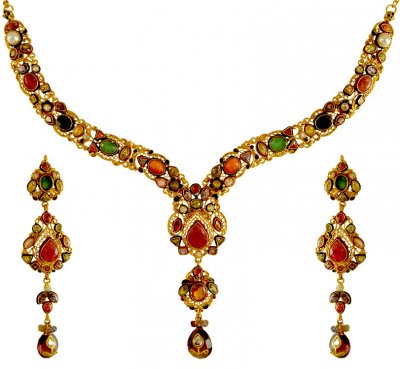 22kt Gold Antique Kundan Set ( Antique Necklace Sets )