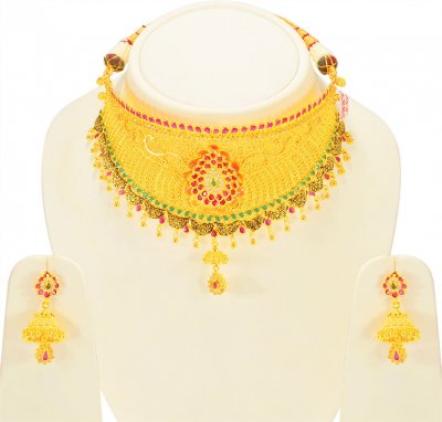 22K Gold Bridal Choker Necklace Set ( Bridal Necklace Sets )