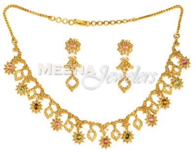 22Kt Gold Uncut Diamond Polki Necklace Set ( Diamond Necklace Sets )