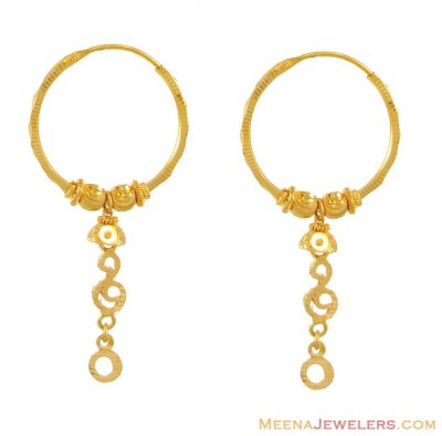 22K Gold Bali Earrings - ErHp8334 - 22k gold bali with beautiful hanging.