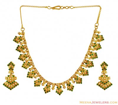 22K Emerald and Pearls Necklace Set ( Emerald Necklace Sets )