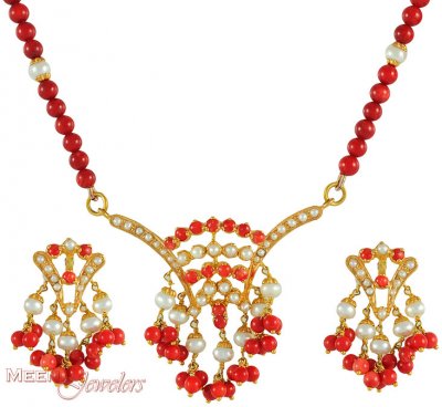 Coral and Pearl Necklace Set ( Combination Necklace Set )