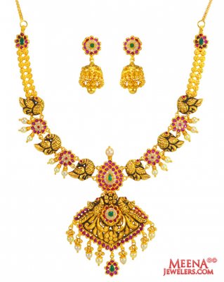 22kt Gold Necklace Earring Set ( Antique Necklace Sets )
