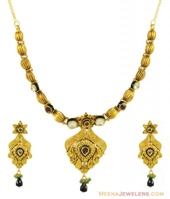 22K Antique Kundan Necklace Set ( Antique Necklace Sets )