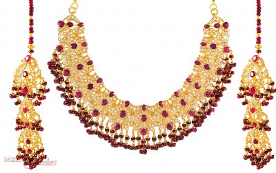 Designer Set With Ruby And Pearls ( Combination Necklace Set )