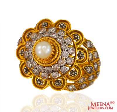 22k Fancy Pearl CZ Ring  ( Ladies Gold Ring )