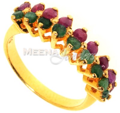 Gold Ring with Emerald and Ruby ( Ladies Rings with Precious Stones )