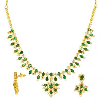 Gold Emerald And Cubic Zircon Set ( Combination Necklace Set )