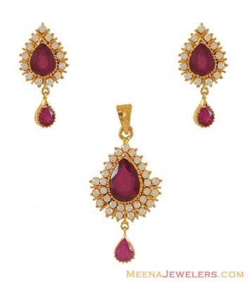 Ruby and Cz Pendant and Earring set ( Precious Stone Pendant Sets )