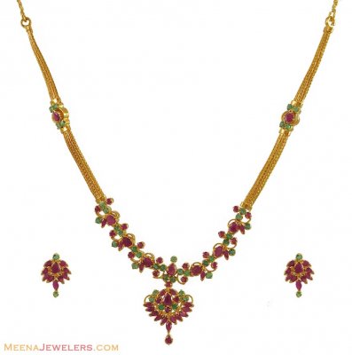 22k Gold Ruby, Emerald Small Set ( Combination Necklace Set )