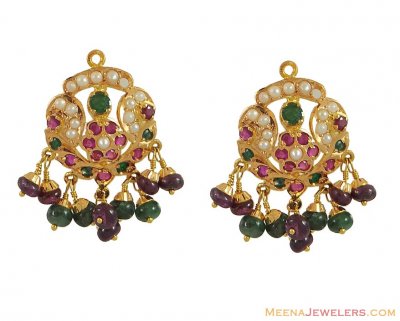 22K Ruby, Emerald, Pearl Earrings ( Precious Stone Earrings )
