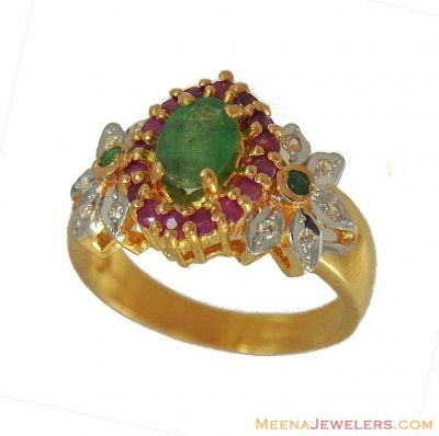 22Kt Ruby, Emerald CZ Ring ( Ladies Rings with Precious Stones )