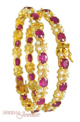 22Kt Bangles with Ruby and Pearls ( Precious Stone Bangles )