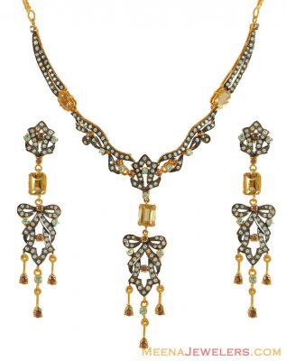 22k Gold Pakistani Cz Necklace Set ( Precious Stone Sets )