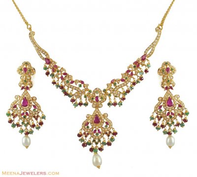22k Necklace set with Precious Stones ( Gold Designer Sets )