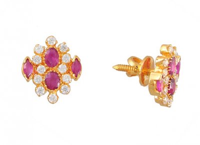 22 Kt Gold Tops With Ruby And CZ ( Precious Stone Earrings )