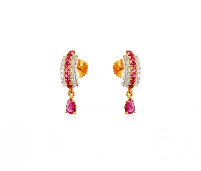 22K Gold Ruby and CZ Earrings ( Precious Stone Earrings )