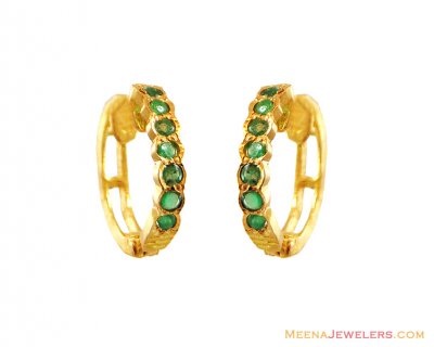 Emerald Studded Small Hoops 22k ( Precious Stone Earrings )
