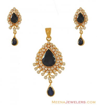 Sapphire and Cz Pendant Set (22k gold) ( Precious Stone Pendant Sets )