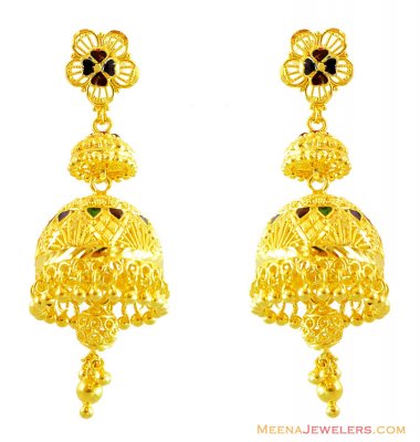 22K Meenakari Jhumka Earrings ( 22Kt Gold Fancy Earrings )