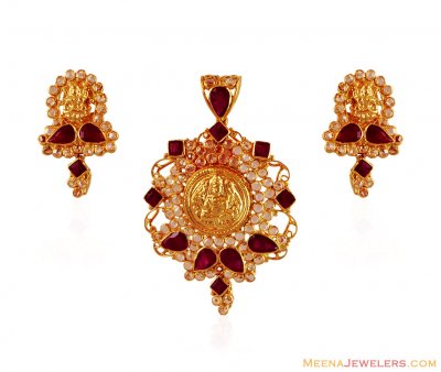 Gold Laxmi Devi Pendant Set ( Precious Stone Pendant Sets )