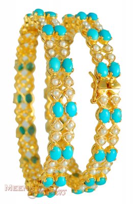 22Kt Bangles with Turquoise and Pearls ( Precious Stone Bangles )