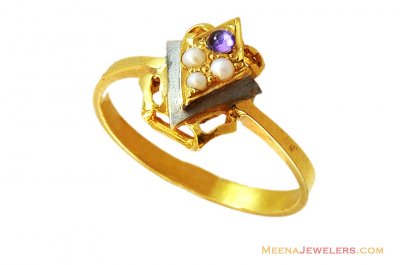 22K Fancy Two Tone Pearls Ring  ( Ladies Rings with Precious Stones )