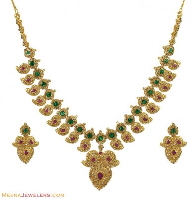 22K Fancy Ruby  Emerald Diamond Set ( Diamond Necklace Sets )