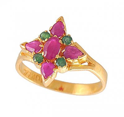 22k Gold Ring with Emerald and Ruby ( Ladies Rings with Precious Stones )