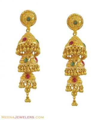 22k Precious Stones Jhumka Earrings ( 22Kt Gold Fancy Earrings )