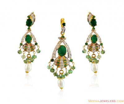 22K Gold Emerald CZ Pendant Set ( Precious Stone Pendant Sets )