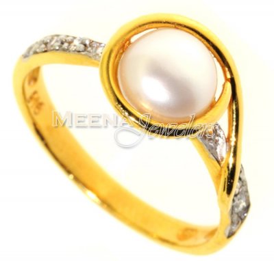 Gold Ring with CZ and Pearl ( Ladies Rings with Precious Stones )