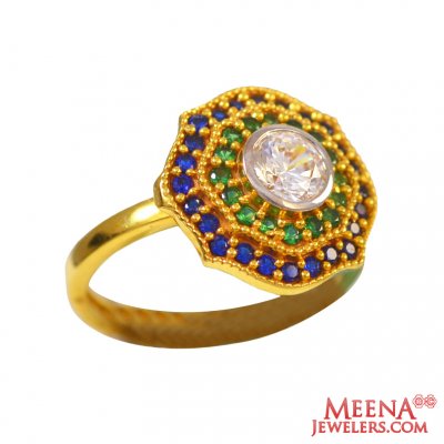 22Kt Gold CZ and Colored Stone Ring ( Ladies Rings with Precious Stones )