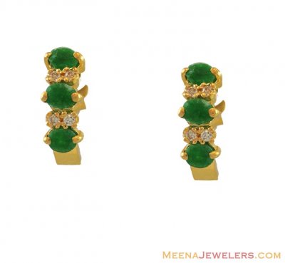 Emerald, CZ Earrings (22K Gold) ( Precious Stone Earrings )