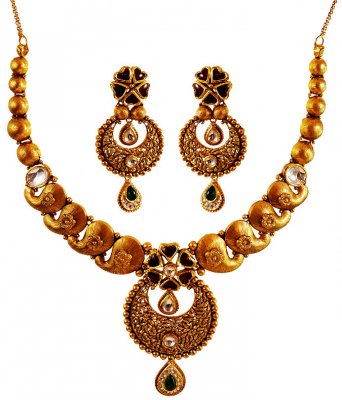 22KT Gold Necklace Earrings Set ( Antique Necklace Sets )