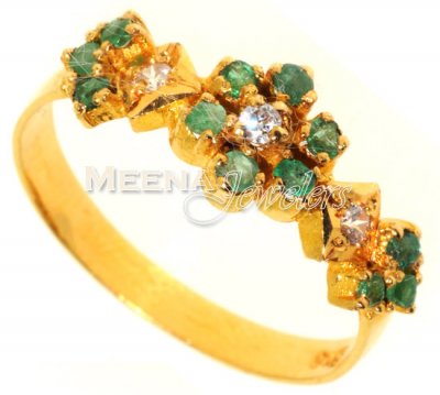 22k Gold Ring with Emerald and CZ ( Ladies Rings with Precious Stones )