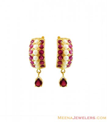 Gold Ruby and Pearl Earrings ( Precious Stone Earrings )